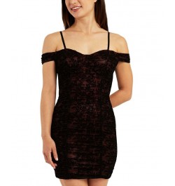 Juniors' Flocked Ruched Bodycon Mini Dress Wine $32.39 Dresses