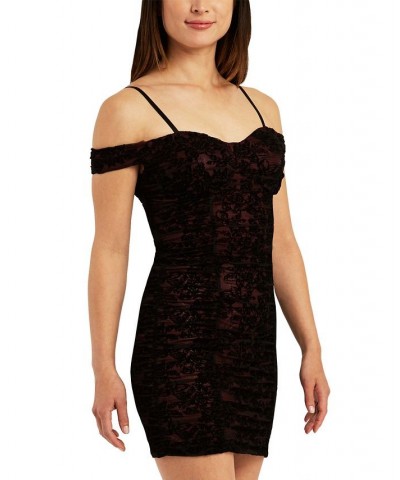 Juniors' Flocked Ruched Bodycon Mini Dress Wine $32.39 Dresses