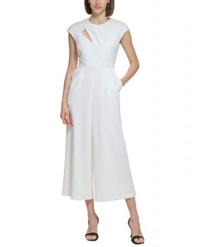 Women's Jewel-Neck Cutout Cap-Sleeve Jumpsuit Ivory/Cream $70.03 Pants
