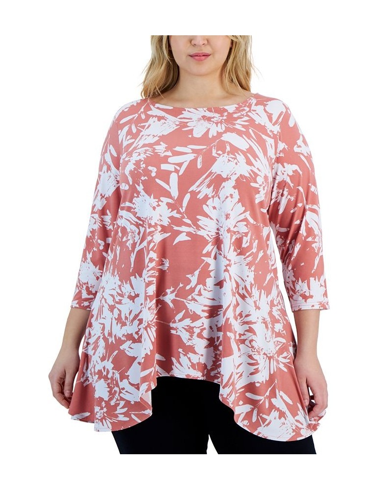 Plus Size Printed 3/4-Sleeve Draped-Hem Top Orange $16.70 Tops