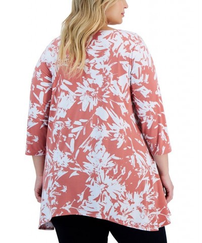 Plus Size Printed 3/4-Sleeve Draped-Hem Top Orange $16.70 Tops