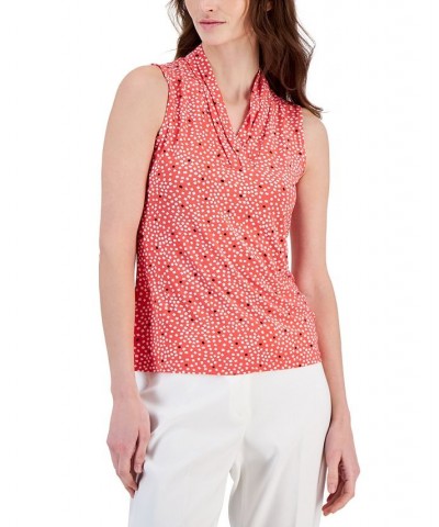 Women's Printed Triple-Pleat V-Neck Top Red $31.27 Tops