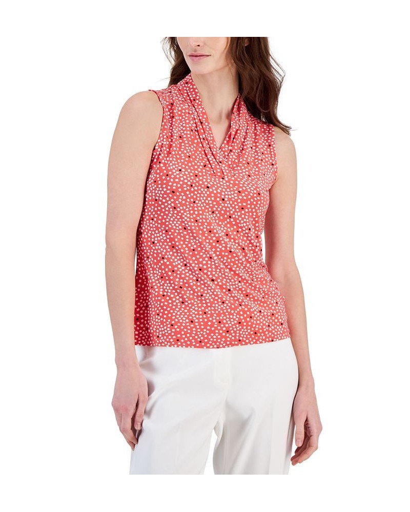 Women's Printed Triple-Pleat V-Neck Top Red $31.27 Tops