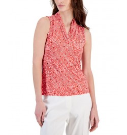 Women's Printed Triple-Pleat V-Neck Top Red $31.27 Tops