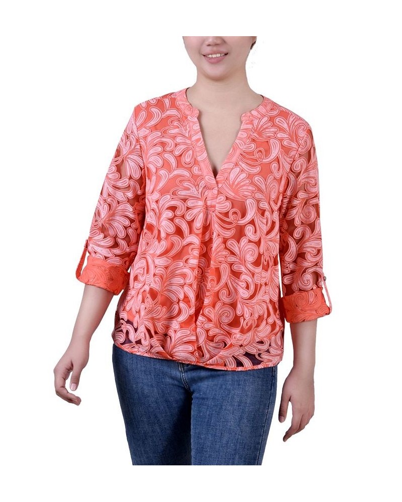 Petite Long Sleeve Burnout Y-Neck Blouse Orange $13.12 Tops