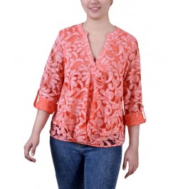 Petite Long Sleeve Burnout Y-Neck Blouse Orange $13.12 Tops