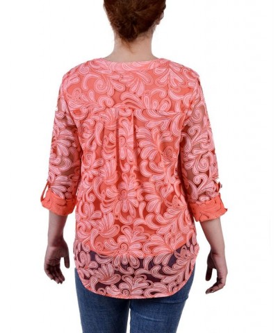 Petite Long Sleeve Burnout Y-Neck Blouse Orange $13.12 Tops