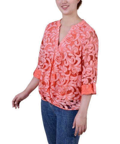 Petite Long Sleeve Burnout Y-Neck Blouse Orange $13.12 Tops