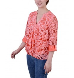 Petite Long Sleeve Burnout Y-Neck Blouse Orange $13.12 Tops