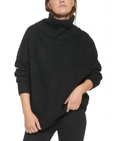 Women's Oversized Ribbed Turtleneck Sweater Black $23.54 Sweaters