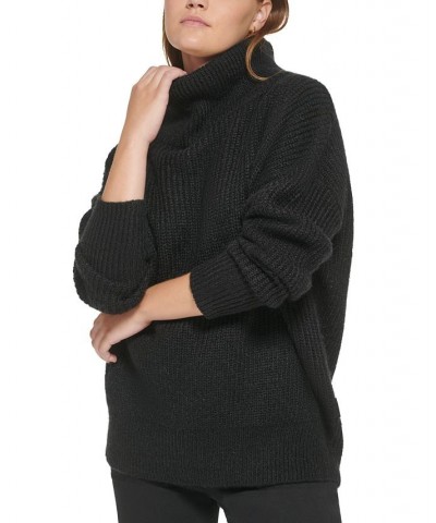 Women's Oversized Ribbed Turtleneck Sweater Black $23.54 Sweaters