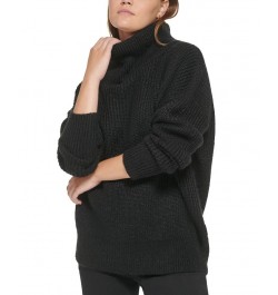 Women's Oversized Ribbed Turtleneck Sweater Black $23.54 Sweaters