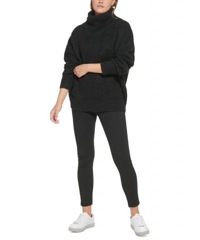 Women's Oversized Ribbed Turtleneck Sweater Black $23.54 Sweaters