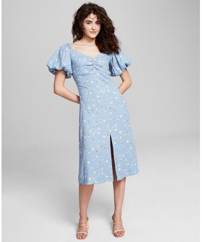 Women's Floral-Print Balloon-Sleeve A-Line Dress Blue $35.88 Dresses