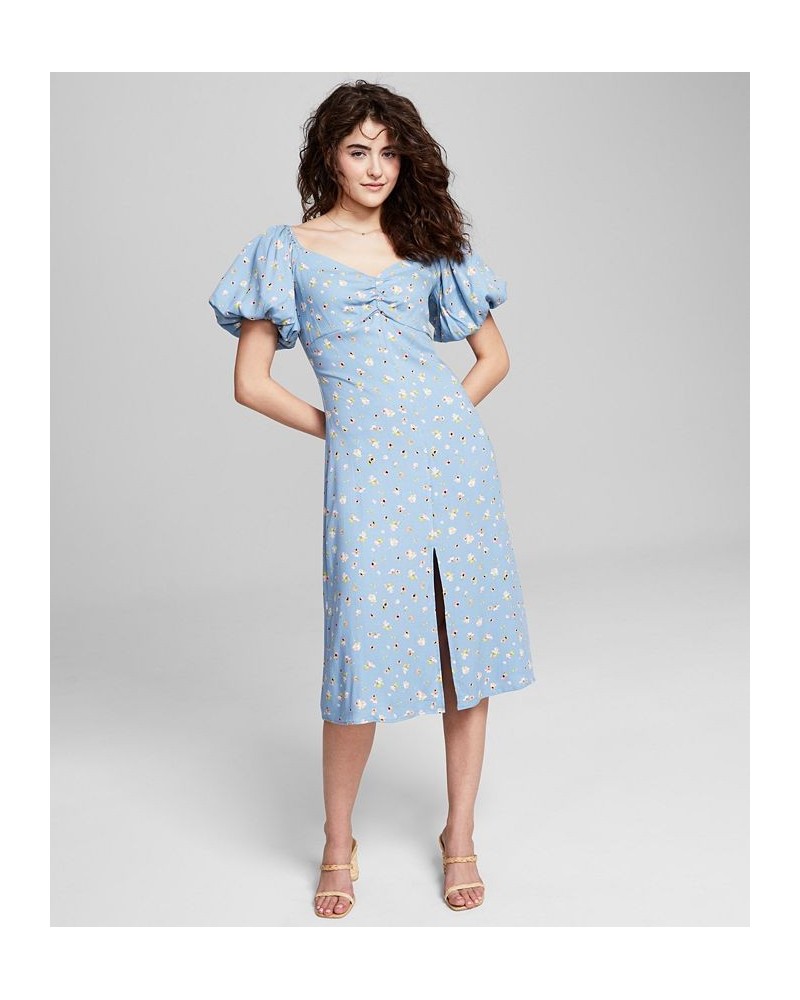 Women's Floral-Print Balloon-Sleeve A-Line Dress Blue $35.88 Dresses