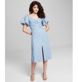 Women's Floral-Print Balloon-Sleeve A-Line Dress Blue $35.88 Dresses