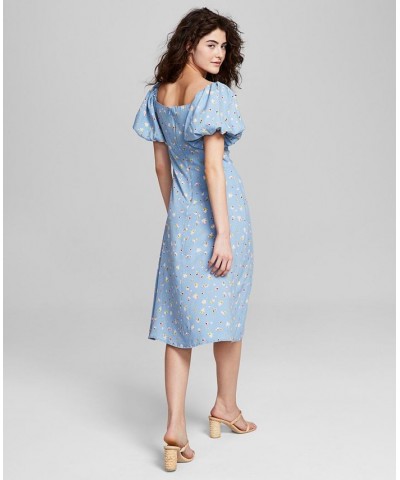 Women's Floral-Print Balloon-Sleeve A-Line Dress Blue $35.88 Dresses