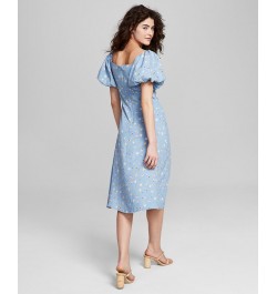 Women's Floral-Print Balloon-Sleeve A-Line Dress Blue $35.88 Dresses