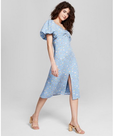 Women's Floral-Print Balloon-Sleeve A-Line Dress Blue $35.88 Dresses