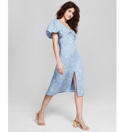 Women's Floral-Print Balloon-Sleeve A-Line Dress Blue $35.88 Dresses