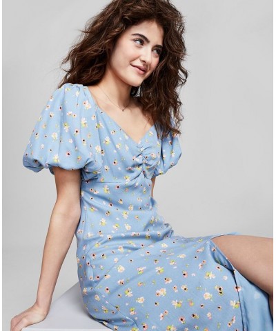 Women's Floral-Print Balloon-Sleeve A-Line Dress Blue $35.88 Dresses