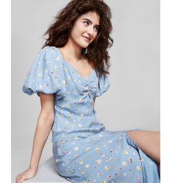 Women's Floral-Print Balloon-Sleeve A-Line Dress Blue $35.88 Dresses