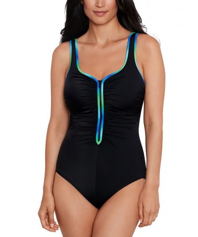 Shape Solver Sport for Women's Ruched Zip-Front One-Piece Swimsuit Black & Blue/Green $38.88 Swimsuits