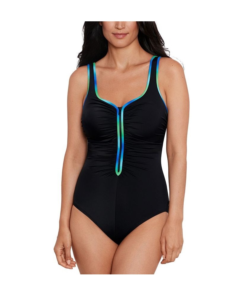 Shape Solver Sport for Women's Ruched Zip-Front One-Piece Swimsuit Black & Blue/Green $38.88 Swimsuits