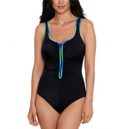 Shape Solver Sport for Women's Ruched Zip-Front One-Piece Swimsuit Black & Blue/Green $38.88 Swimsuits