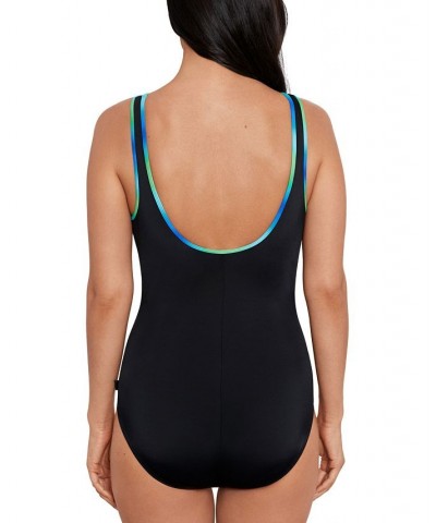 Shape Solver Sport for Women's Ruched Zip-Front One-Piece Swimsuit Black & Blue/Green $38.88 Swimsuits