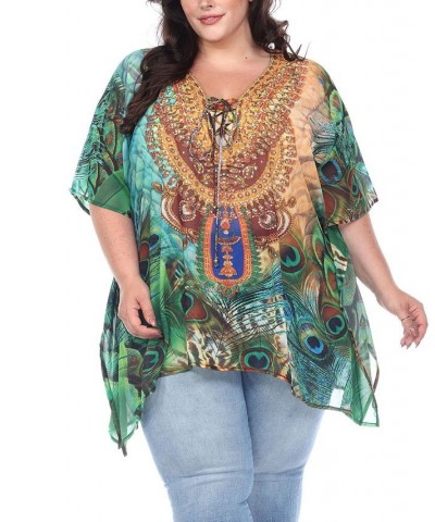 Plus Size Short Caftan with Tie-Up Neckline Green Peacock $26.04 Tops
