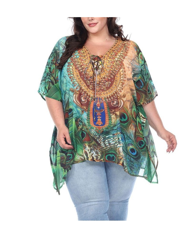 Plus Size Short Caftan with Tie-Up Neckline Green Peacock $26.04 Tops