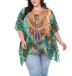 Plus Size Short Caftan with Tie-Up Neckline Green Peacock $26.04 Tops