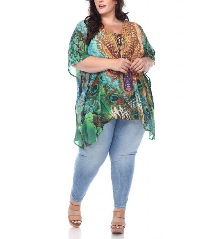 Plus Size Short Caftan with Tie-Up Neckline Green Peacock $26.04 Tops