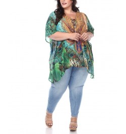 Plus Size Short Caftan with Tie-Up Neckline Green Peacock $26.04 Tops