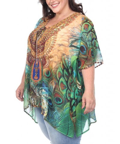 Plus Size Short Caftan with Tie-Up Neckline Green Peacock $26.04 Tops