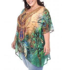 Plus Size Short Caftan with Tie-Up Neckline Green Peacock $26.04 Tops