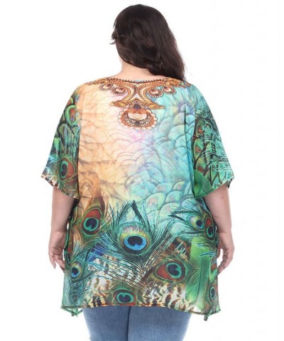 Plus Size Short Caftan with Tie-Up Neckline Green Peacock $26.04 Tops