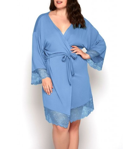 Olivia Plus Size Soft Viscose Robe with Lace Trim and Waist Tie Blue $45.59 Lingerie