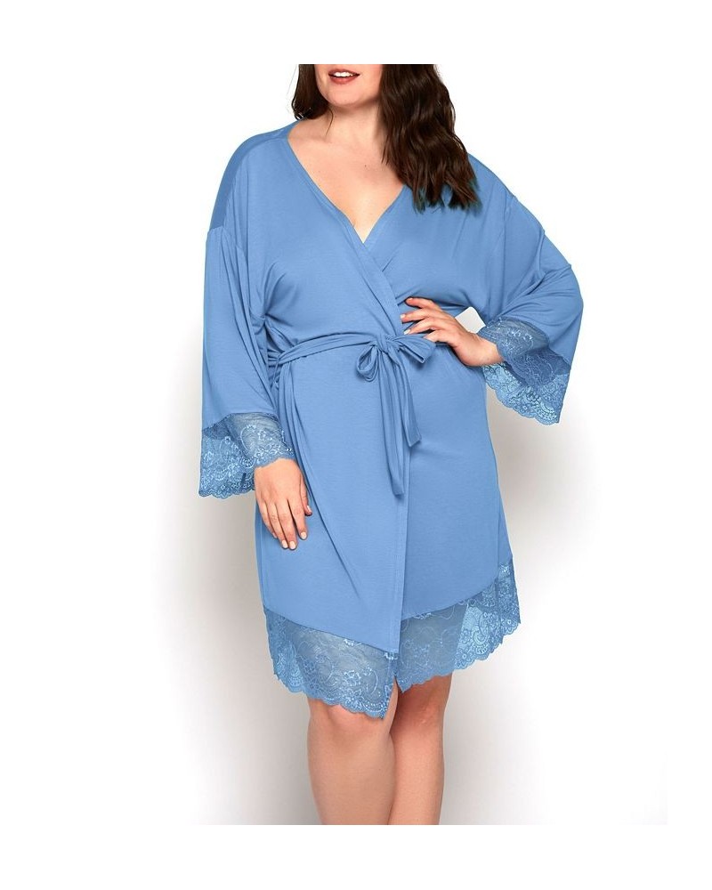 Olivia Plus Size Soft Viscose Robe with Lace Trim and Waist Tie Blue $45.59 Lingerie