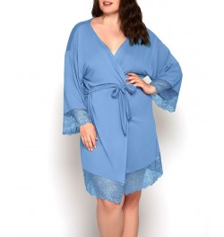 Olivia Plus Size Soft Viscose Robe with Lace Trim and Waist Tie Blue $45.59 Lingerie