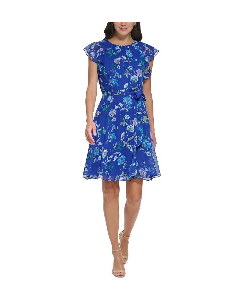Petite Floral-Print Flutter-Sleeve Tie-Waist Fit & Flare Dress Cobalt Multi $38.08 Dresses