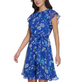 Petite Floral-Print Flutter-Sleeve Tie-Waist Fit & Flare Dress Cobalt Multi $38.08 Dresses