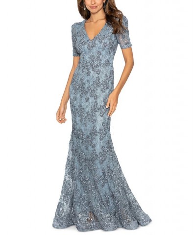 Women's Floral Soutache Sequin Puff-Sleeve Lace Gown Smoke $98.88 Dresses