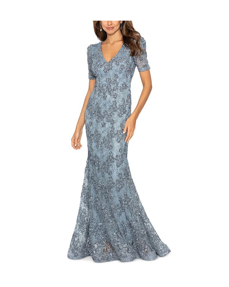 Women's Floral Soutache Sequin Puff-Sleeve Lace Gown Smoke $98.88 Dresses