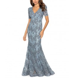 Women's Floral Soutache Sequin Puff-Sleeve Lace Gown Smoke $98.88 Dresses