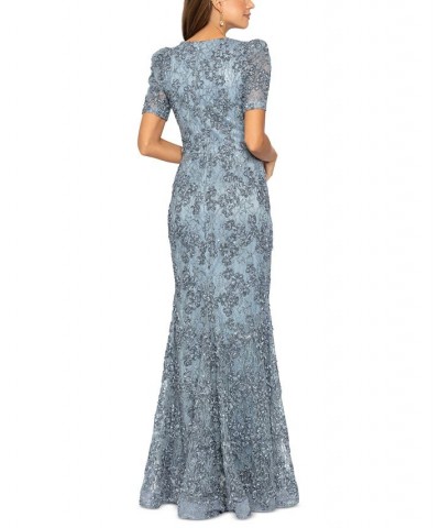 Women's Floral Soutache Sequin Puff-Sleeve Lace Gown Smoke $98.88 Dresses