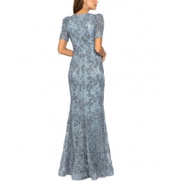 Women's Floral Soutache Sequin Puff-Sleeve Lace Gown Smoke $98.88 Dresses