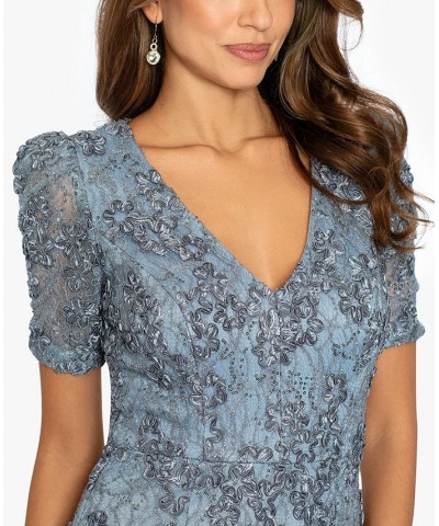 Women's Floral Soutache Sequin Puff-Sleeve Lace Gown Smoke $98.88 Dresses