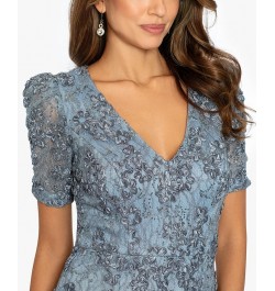 Women's Floral Soutache Sequin Puff-Sleeve Lace Gown Smoke $98.88 Dresses